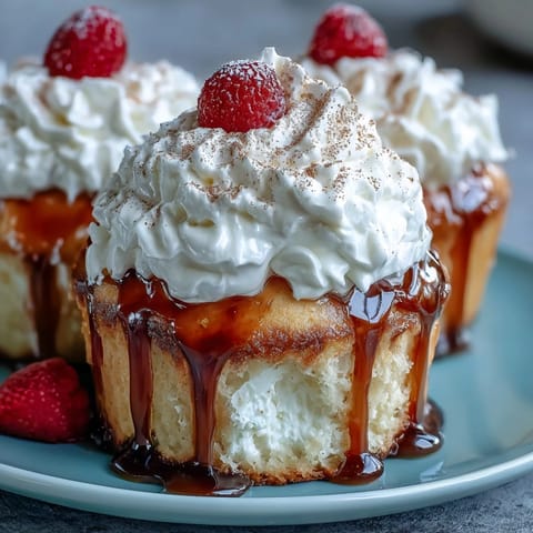 Fluffy vanilla cupcakes soaked in sweet three-milk blend and topped with whipped cream, garnished with cinnamon and fresh berries.
