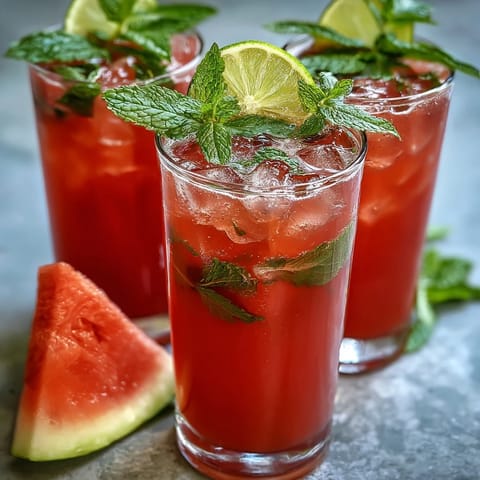 A vibrant glass of watermelon mint vodka spritz mocktail, garnished with fresh mint and lime, perfect for summer refreshment.