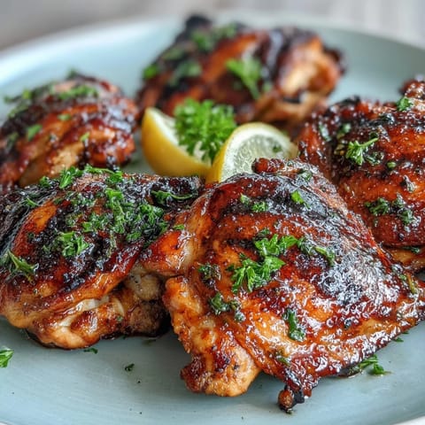 Honey Garlic Grilled Chicken Thighs sizzling on the grill, glazed with a sticky, sweet marinade and charred to golden perfection.