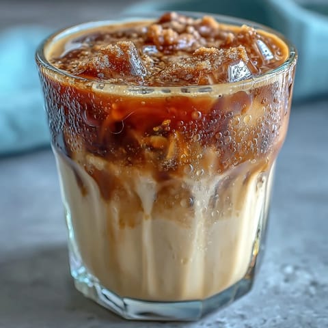 Iced brown sugar oat milk shaken espresso with cinnamon in a tall glass, creamy and frothy with ice cubes, perfect for a refreshing coffee break.