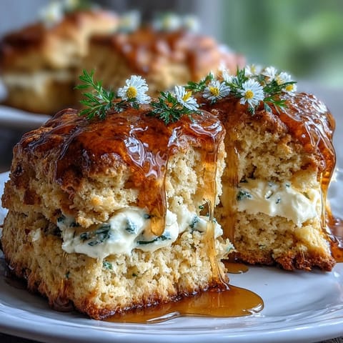 Warm, golden scones sweetened with dandelion honey, served with a generous dollop of clotted cream for a classic British treat.
