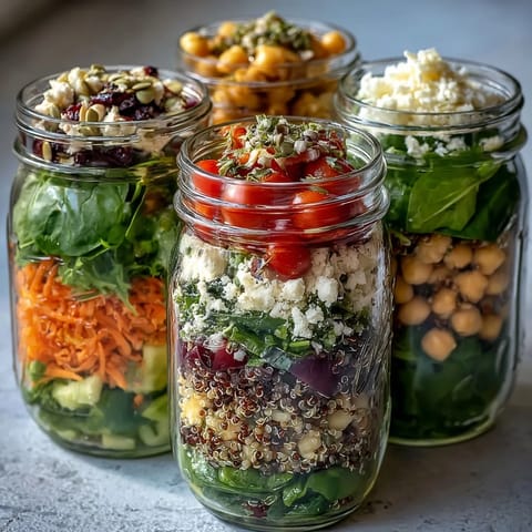 Vibrant mason jar salads with quinoa, chickpeas, and colorful veggies for healthy meal prep.