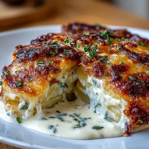 Creamy scalloped potatoes with Gruyere cheese, golden and bubbling, make a luxurious side dish for any festive dinner table.  