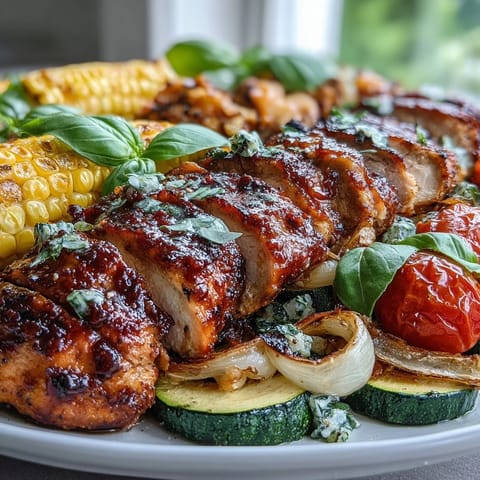 A colorful sheet pan chicken dinner with zucchini, corn, and tomatoes, roasted to golden perfection and bursting with summer flavors.