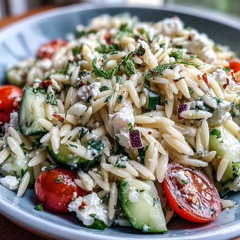 Mediterranean orzo salad with fresh cucumber, feta, and zesty lemon flavors.