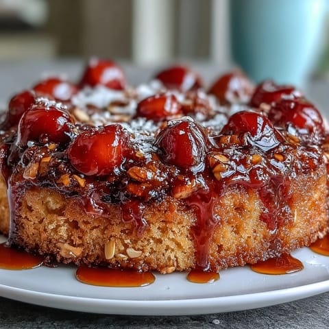 Glistening cherry almond upside-down cake with rich caramel topping, ready for serving.