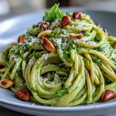 Vibrant Creamy Avocado Pesto Pasta photo showing smooth green sauce coating spaghetti.