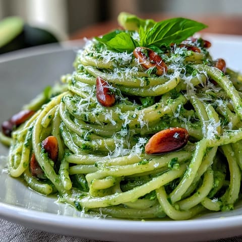 Generous portion of no-cook Creamy Avocado Pesto Pasta topped with fresh basil.
