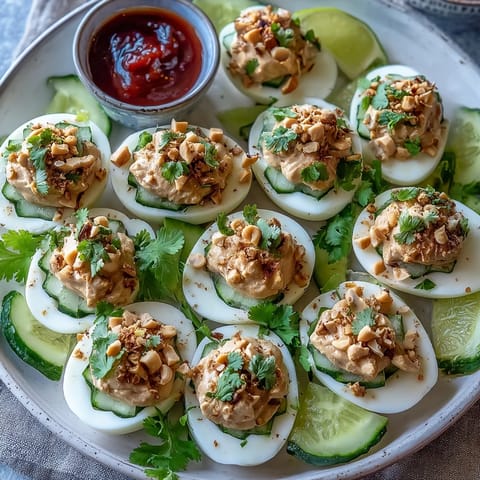 Vibrant Thai Peanut Deviled Eggs appetizer with a spicy peanut filling.