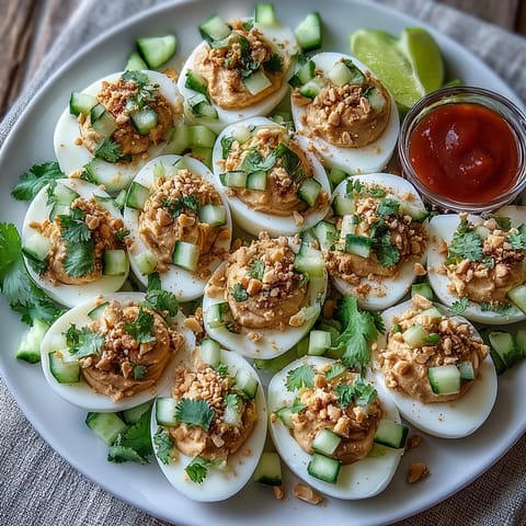 Creamy Thai Peanut Deviled Eggs topped with fresh cucumber relish.