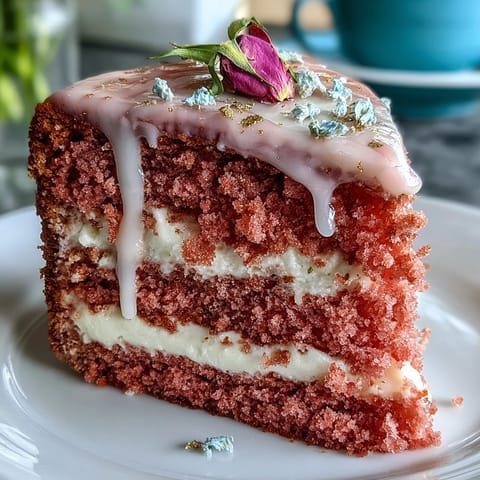 Elegant bridal shower rosé velvet cake with shimmering gold drip, perfect for a romantic celebration.