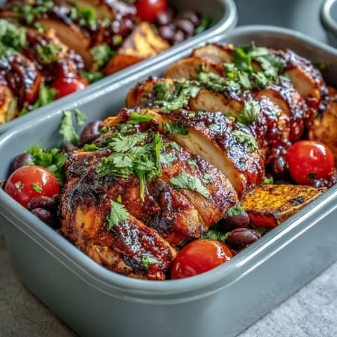 Juicy grilled BBQ chicken meal prep bowls with sweet potato and black beans.