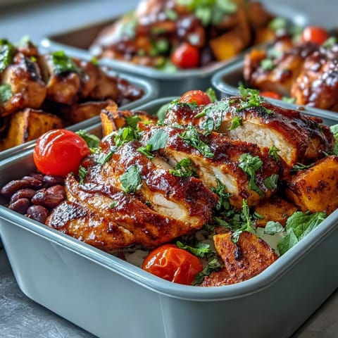 Flavorful BBQ chicken meal prep bowls featuring sweet potato, corn, and tomatoes.
