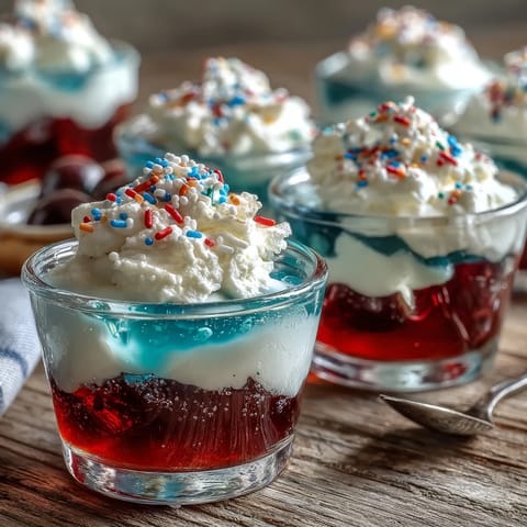 Vibrant 4th of July Firecracker Jello Shots, layered red, white, and blue, ready to party.