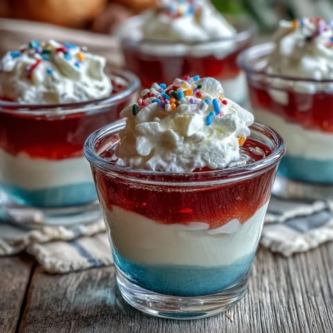 Bright, festive 4th of July Firecracker Jello Shots adorned with whipped cream and sprinkles.