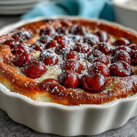 Golden baked fresh cherry clafoutis with plump cherries and vanilla custard.