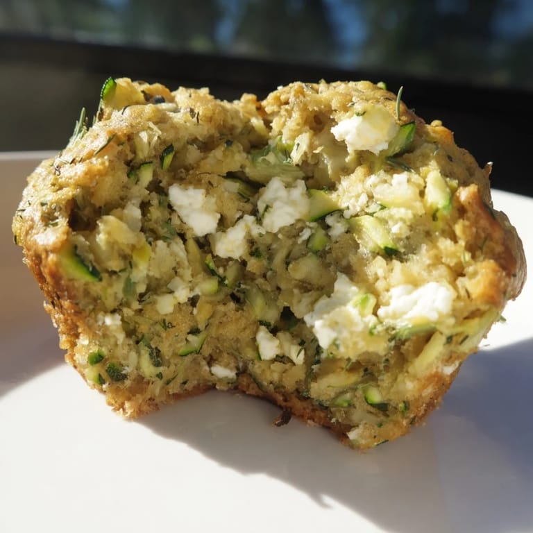 Close-up of a split Savory Zucchini and Feta Muffin revealing a moist, tender crumb packed with shredded zucchini and tangy feta cheese.