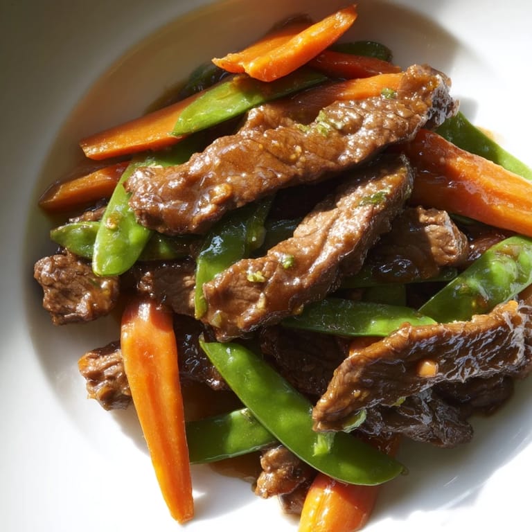 A close-up of tender beef, crisp snap peas, and sweet carrots sizzling in a wok, ready to serve over fluffy rice.  