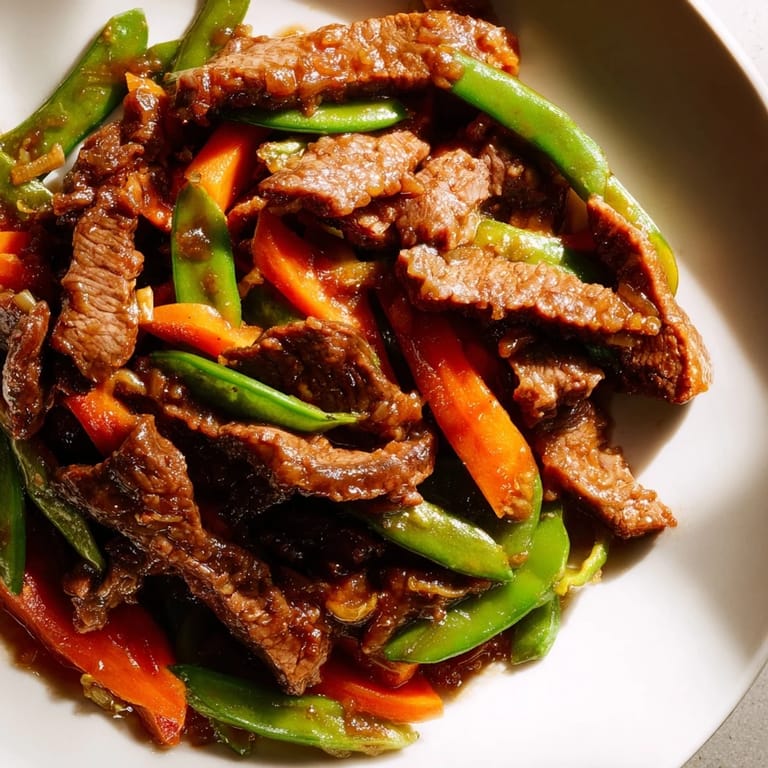 Freshly cooked Skillet Beef Stir-Fry with snap peas and carrots, garnished with green onions, steaming beside a bowl of rice.