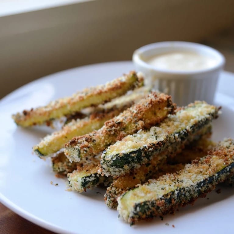 Golden Crispy Parmesan Zucchini Fries with Dipping Sauce arranged on a rustic wooden table, served alongside a small bowl of zesty sauce.