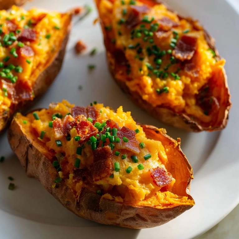 Close-up view of Loaded Sweet Potato Skins with Bacon and Chives, revealing melted cheddar cheese and a warm, appetizing party snack.