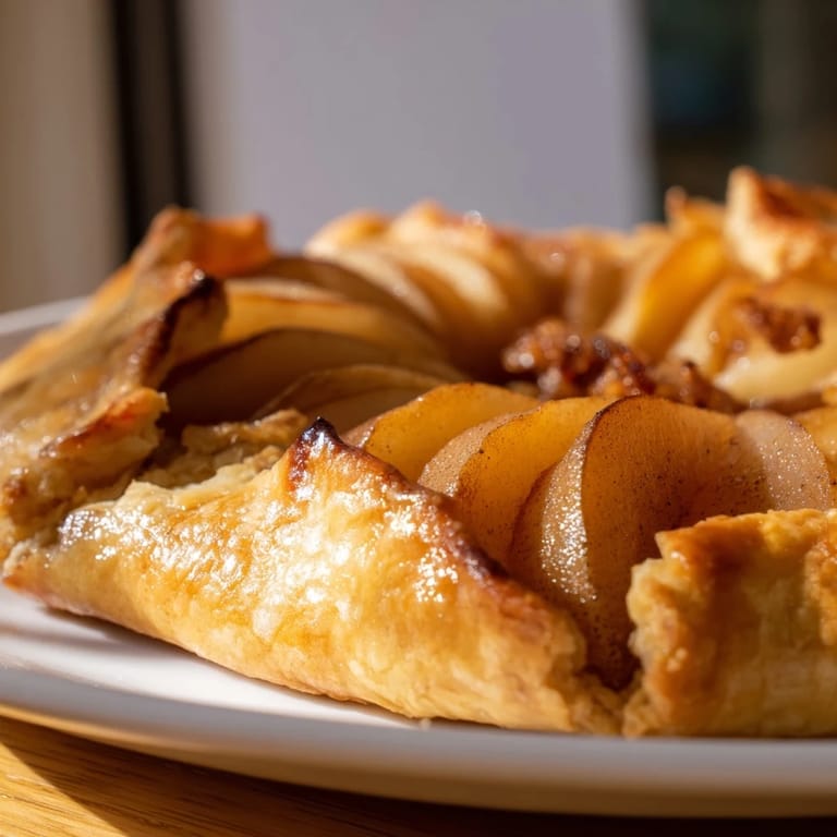 A Rustic Pear and Ginger Galette on a cooling rack, revealing the juicy, ginger-spiced pear filling wrapped in a buttery, homemade pastry crust.
