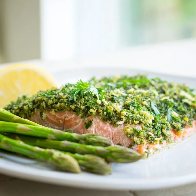 Fresh parsley and dill create a vibrant green crust on the baked salmon, paired with glistening roasted asparagus and lemon wedges.