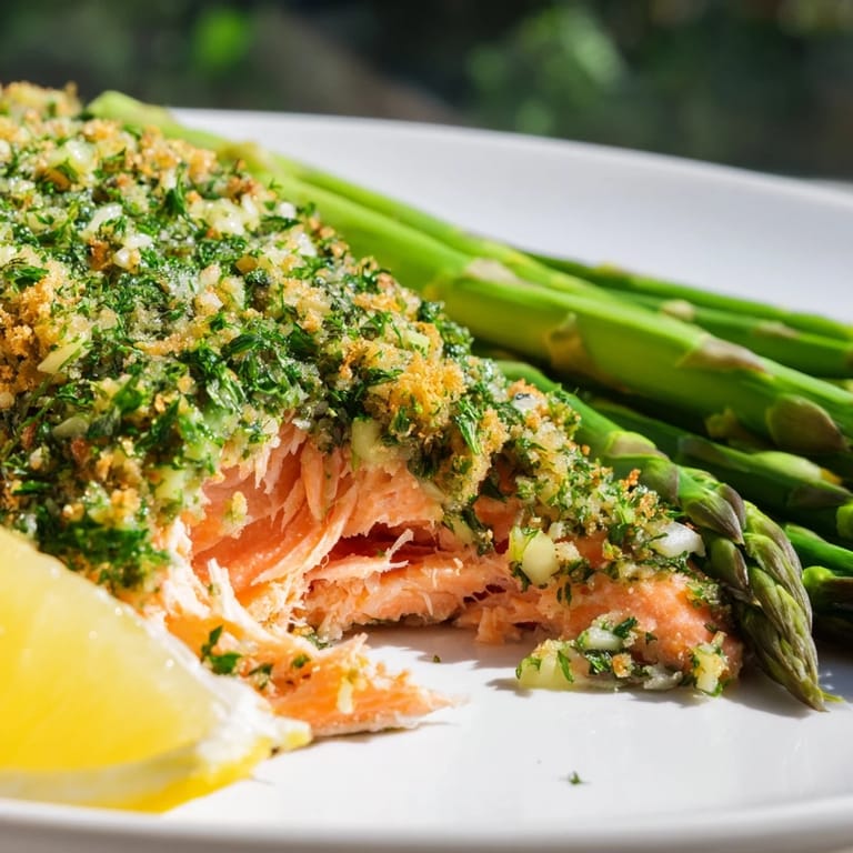 A close-up shows flaky salmon with a savory herb topping, served with crisp asparagus for a nutritious gluten-free meal.