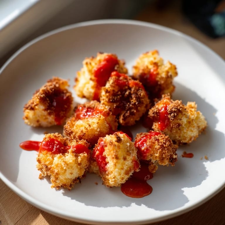 Close-up of air-fryer buffalo cauliflower bites showing a crispy, golden texture and vibrant red sauce, paired with ranch dip for a delicious bite.