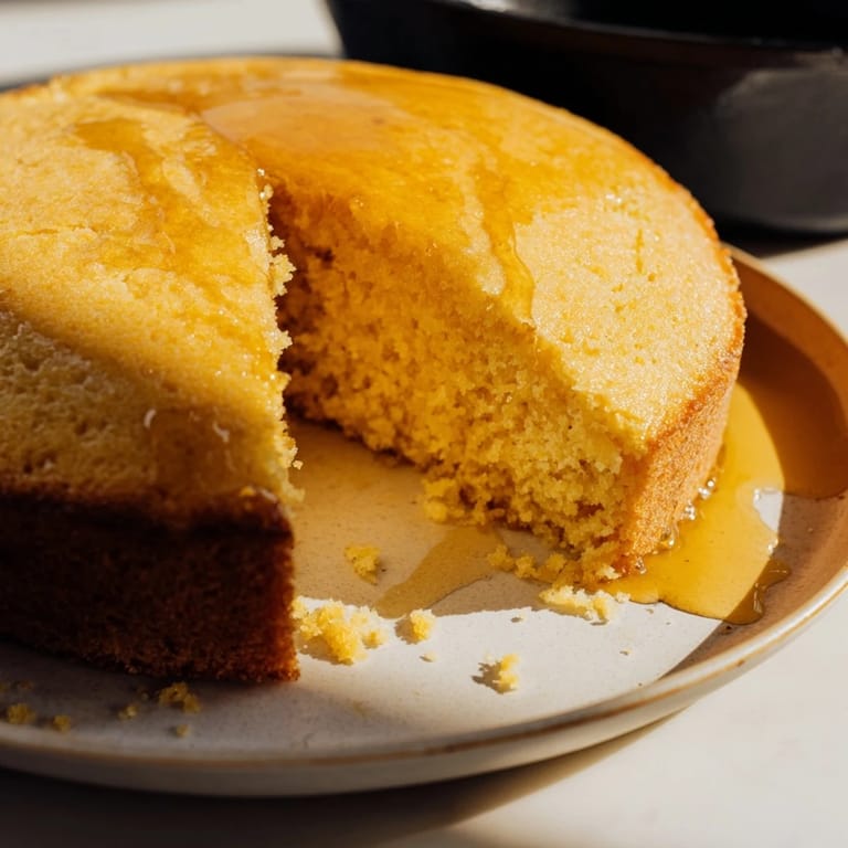 Freshly baked Quick Skillet Cornbread with Honey Butter Glaze in a cast iron skillet, topped with a glossy butter drizzle.