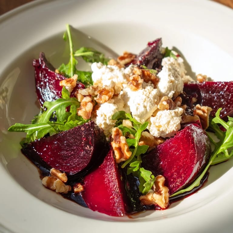 Close-up of roasted beet goat cheese salad with walnuts and balsamic dressing drizzle.