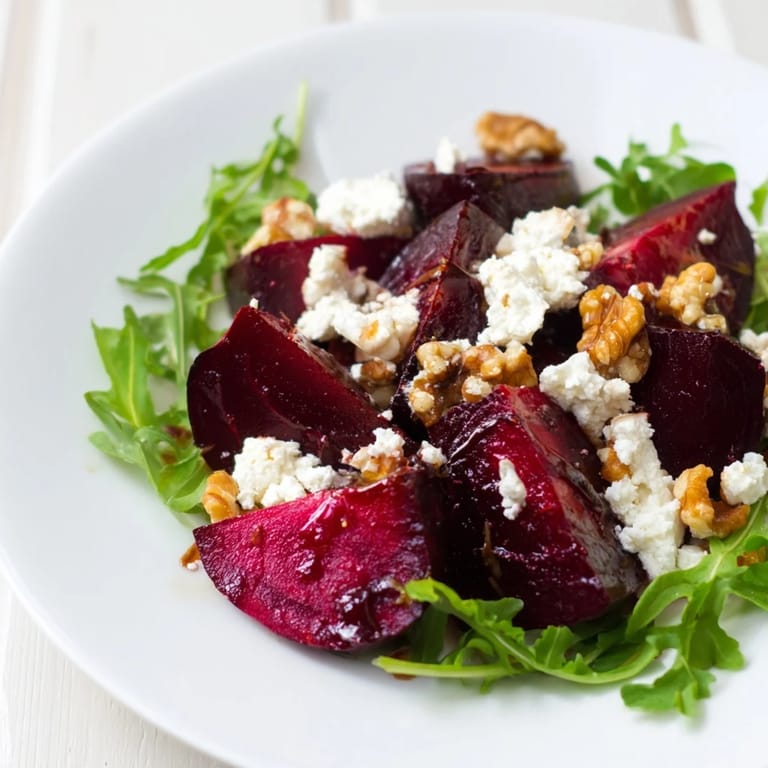 Colorful roasted beet goat cheese salad garnished with herbs, ready to serve on a table.