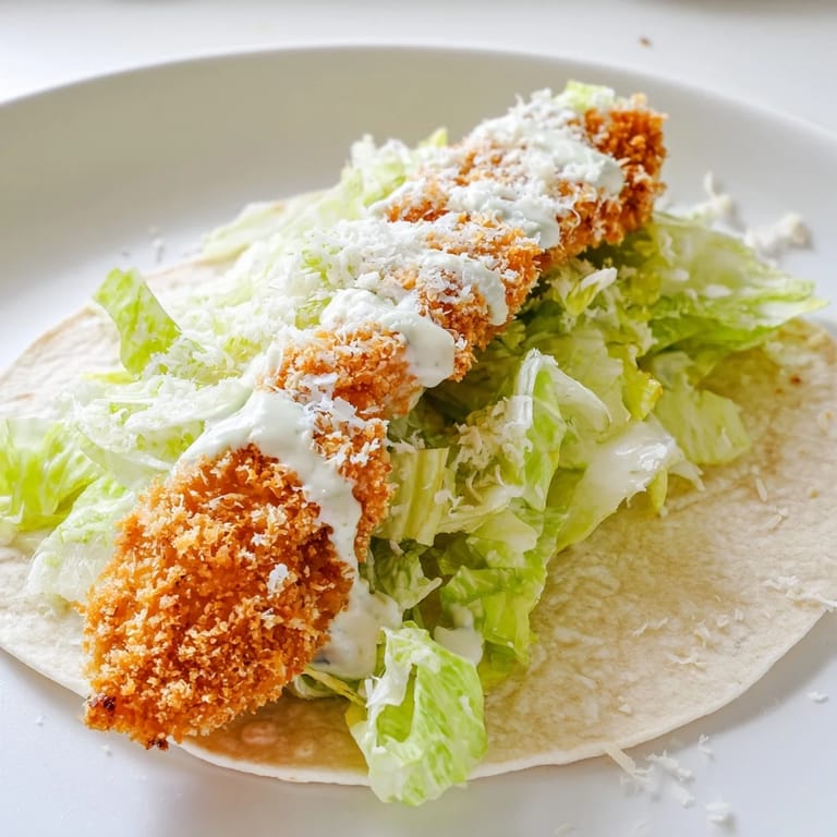 A close-up of a Crispy Chicken Caesar Wrap sliced in half, revealing layers of crunchy chicken, Parmesan, and fresh lettuce.