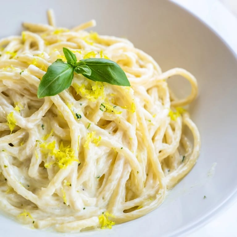 A close-up of creamy lemon ricotta pasta plated with lemon zest and a fork ready to twirl.  