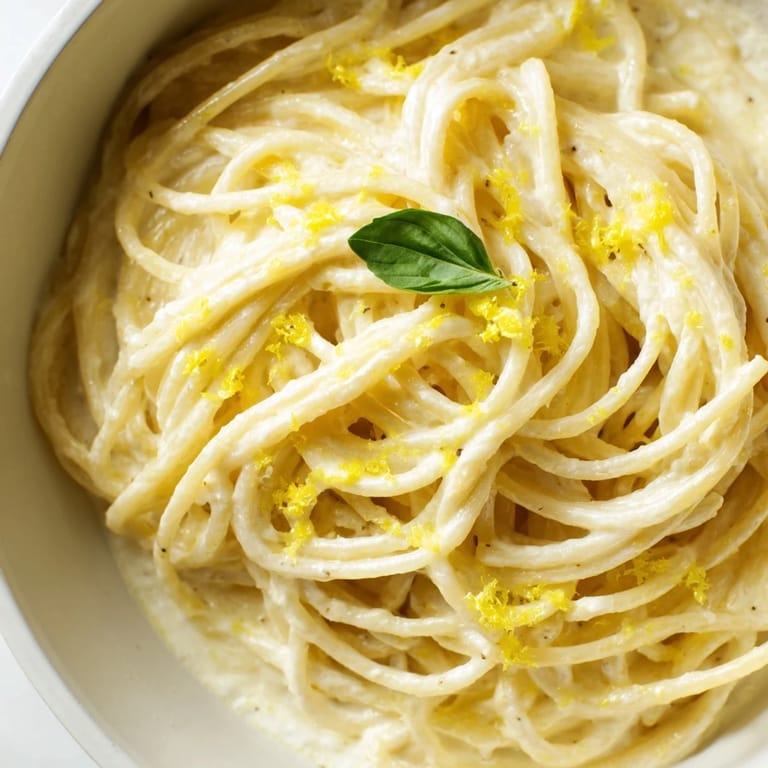 Bright lemon ricotta pasta served in a white dish, highlighted by olive oil drizzle and herbs.
