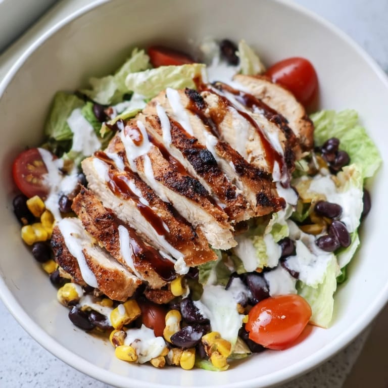 Hearty American BBQ Chicken Salad topped with shredded cheese and lime cilantro ranch, perfect for a quick, gluten-free dinner.