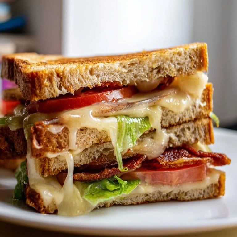 Close-up of a Vegan Bacon BLT Grilled Cheese, showing melted vegan cheese and layers of fresh vegetables.