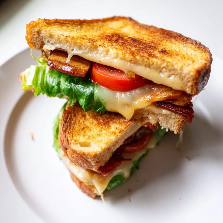Vegan Bacon BLT Grilled Cheese cut in half, revealing smoky tempeh bacon and vibrant lettuce and tomato.