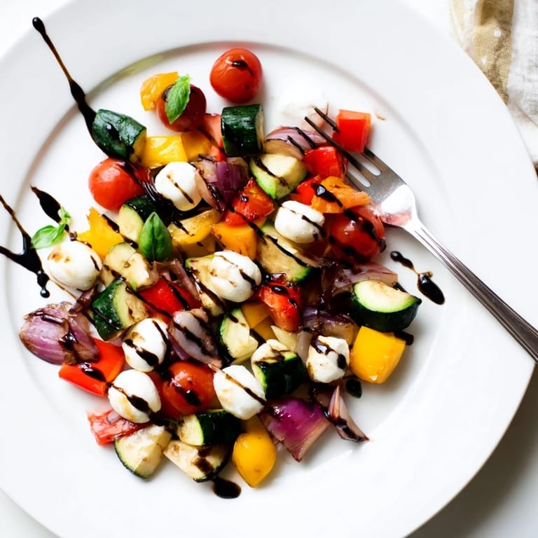 A close-up of the Italian-inspired Roasted Veggie Caprese Salad featuring vibrant roasted vegetables, mozzarella pearls, and fresh basil garnish.