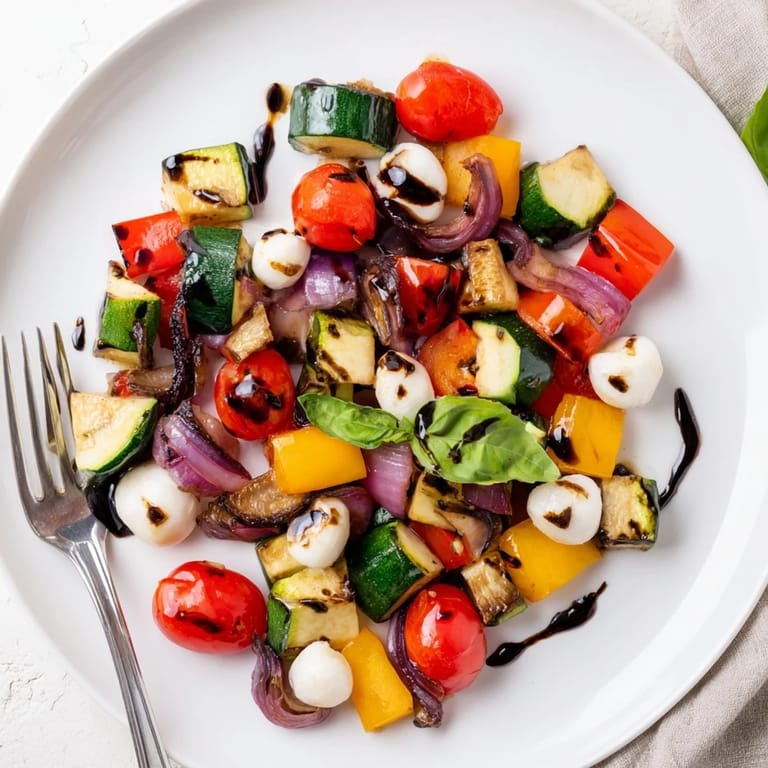 Roasted Veggie Caprese Salad with caramelized vegetables and mozzarella pearls drizzled with sweet balsamic glaze on a white serving platter.