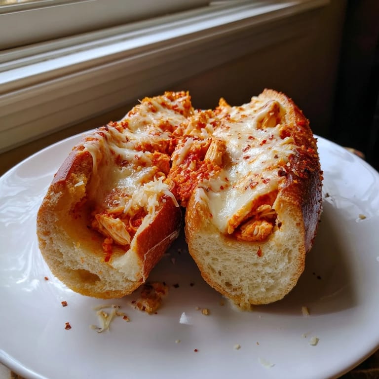 Hearty Chicken Parm Stuffed Garlic Bread served hot, topped with gooey mozzarella and Parmesan, ideal for game day or family dinners.