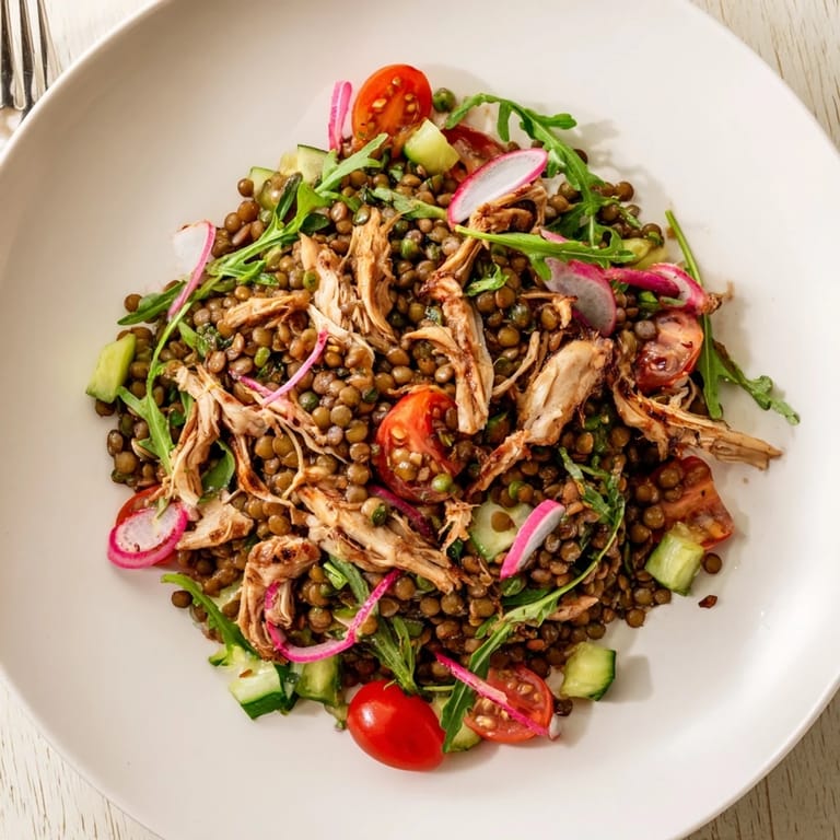 Healthy Lentil & Chicken Spring Salad serving with protein-packed lentils, shredded chicken, and fresh vegetables ready to eat for lunch.