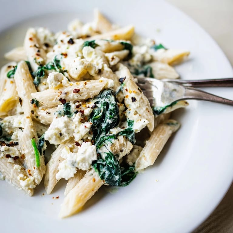 A skillet of Creamy Feta Spinach Pasta, tossed with a glossy, tangy sauce and a drizzle of olive oil.