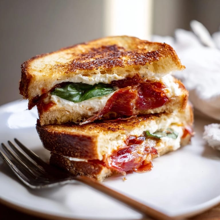 This Italian-American grilled cheese features crisp prosciutto, melty burrata, and fresh basil on toasted sourdough.