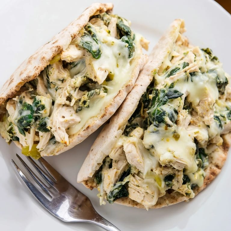A serving of spinach artichoke chicken stuffed pitas, garnished with parsley and lemon wedges on a plate.