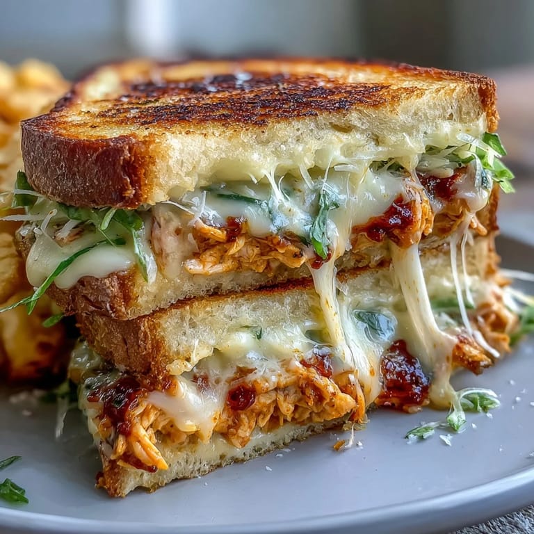 Close-up of a Buffalo Chicken Caesar Grilled Cheese, crispy bread, gooey filling.