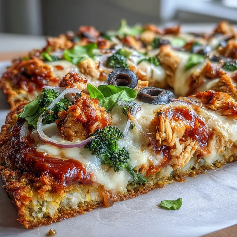 Our Broccoli Chicken Crust Pizza fresh from the oven, a healthy, delicious meal.