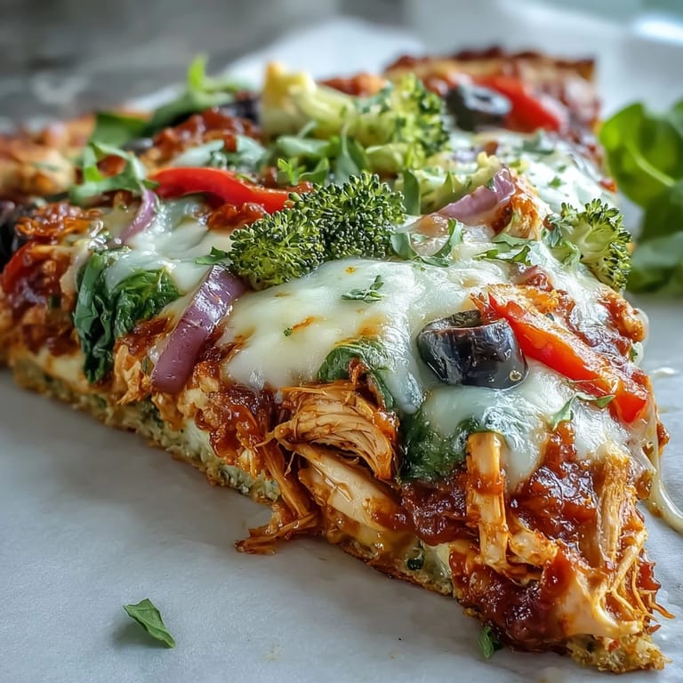 Low-carb Broccoli Chicken Crust Pizza with vibrant toppings, making dinner exciting.