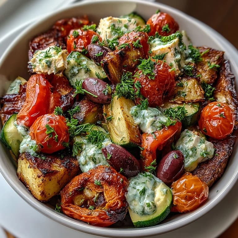 Colorful roasted veggies tossed with olives and feta make this Roasted Greek Salad delicious.