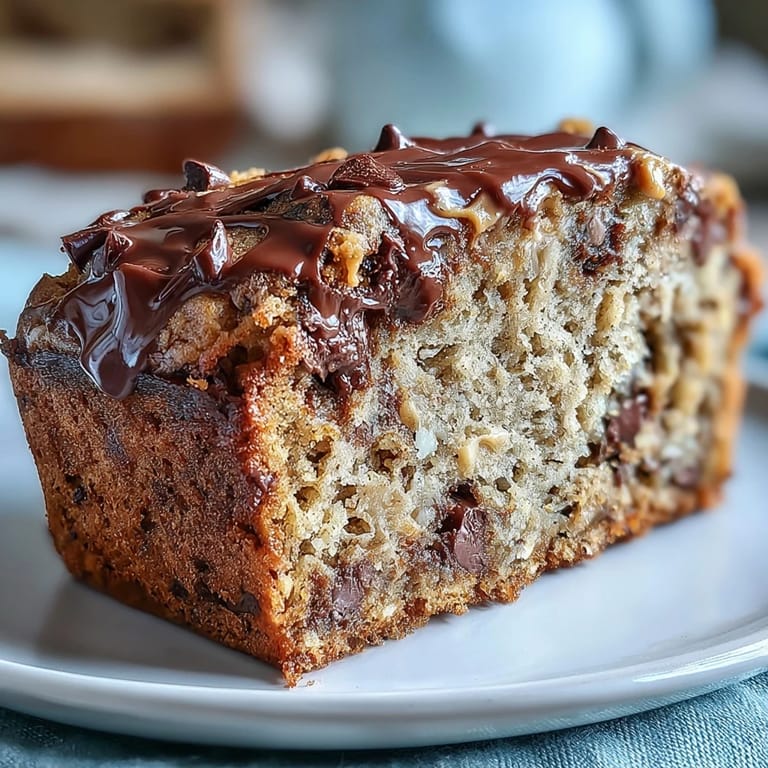 Rustic loaf of Chocolate Chip Peanut Butter Oatmeal Banana Bread showcasing oats and fruit.
